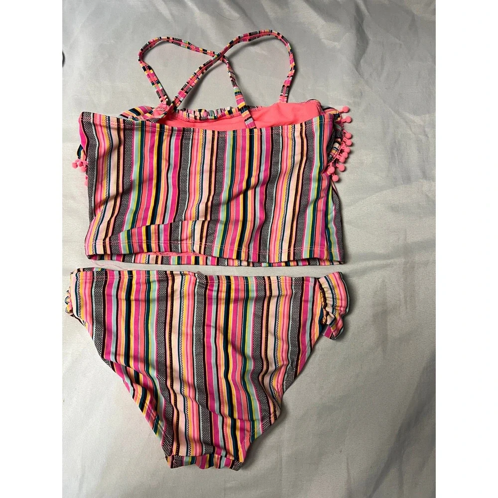 Malibu Design Group Girls Striped Pom-Pom Tankini Swimsuit Set Pink Multi Sz 12